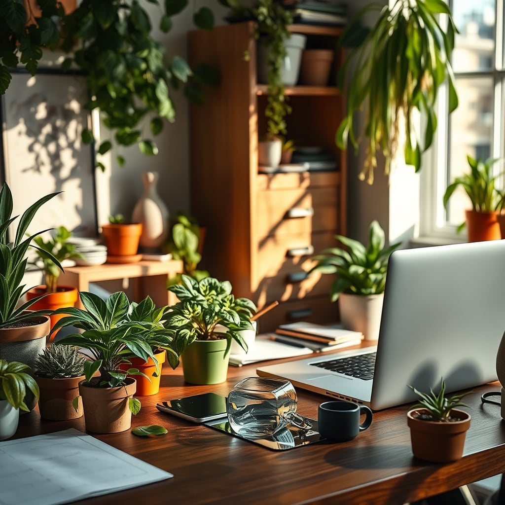 A messy, distracting desk with too many plants, showing spilled water and visual clutter.