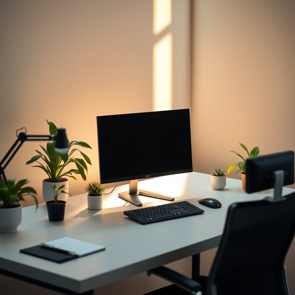 A clean, focused desk setup with no plants, highlighting clarity and space for work.