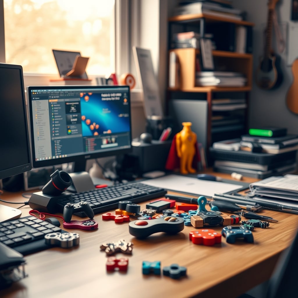 A realistic, cluttered desk in 2026 with coffee cups, cables, and various fidget toys, showing an honest work environment.