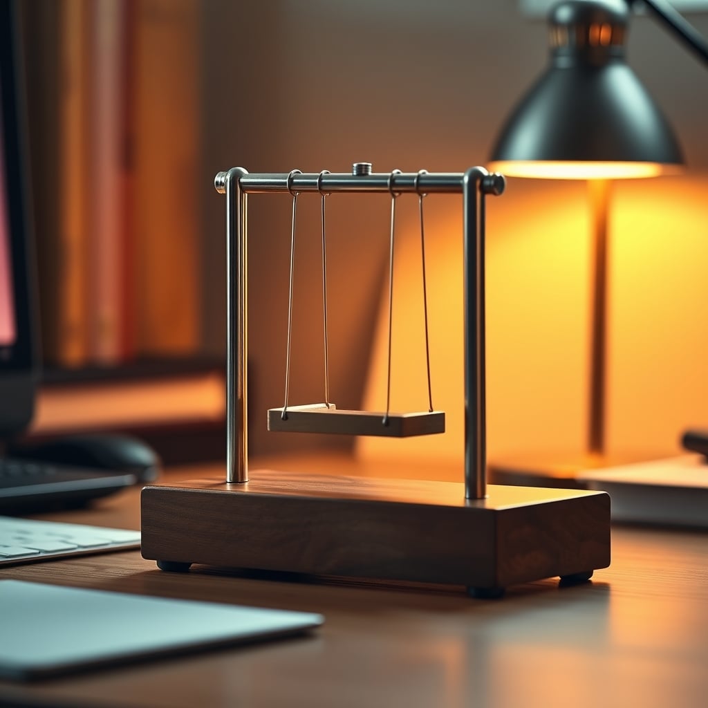 A classic Newton's Cradle kinetic toy in motion on a wooden desk.