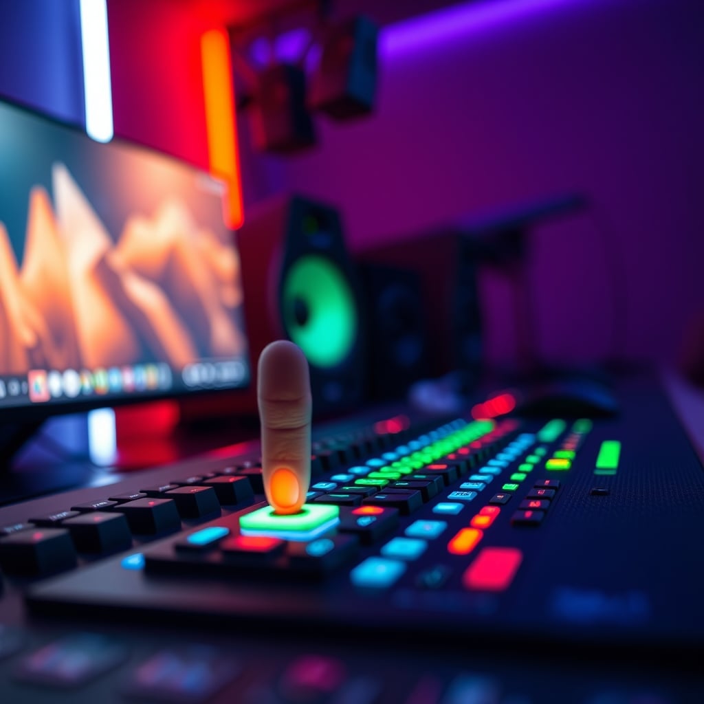 Extreme close-up in slow motion of a finger pressing a Stream Deck button, emphasizing the physical action and the potential delay before digital response.