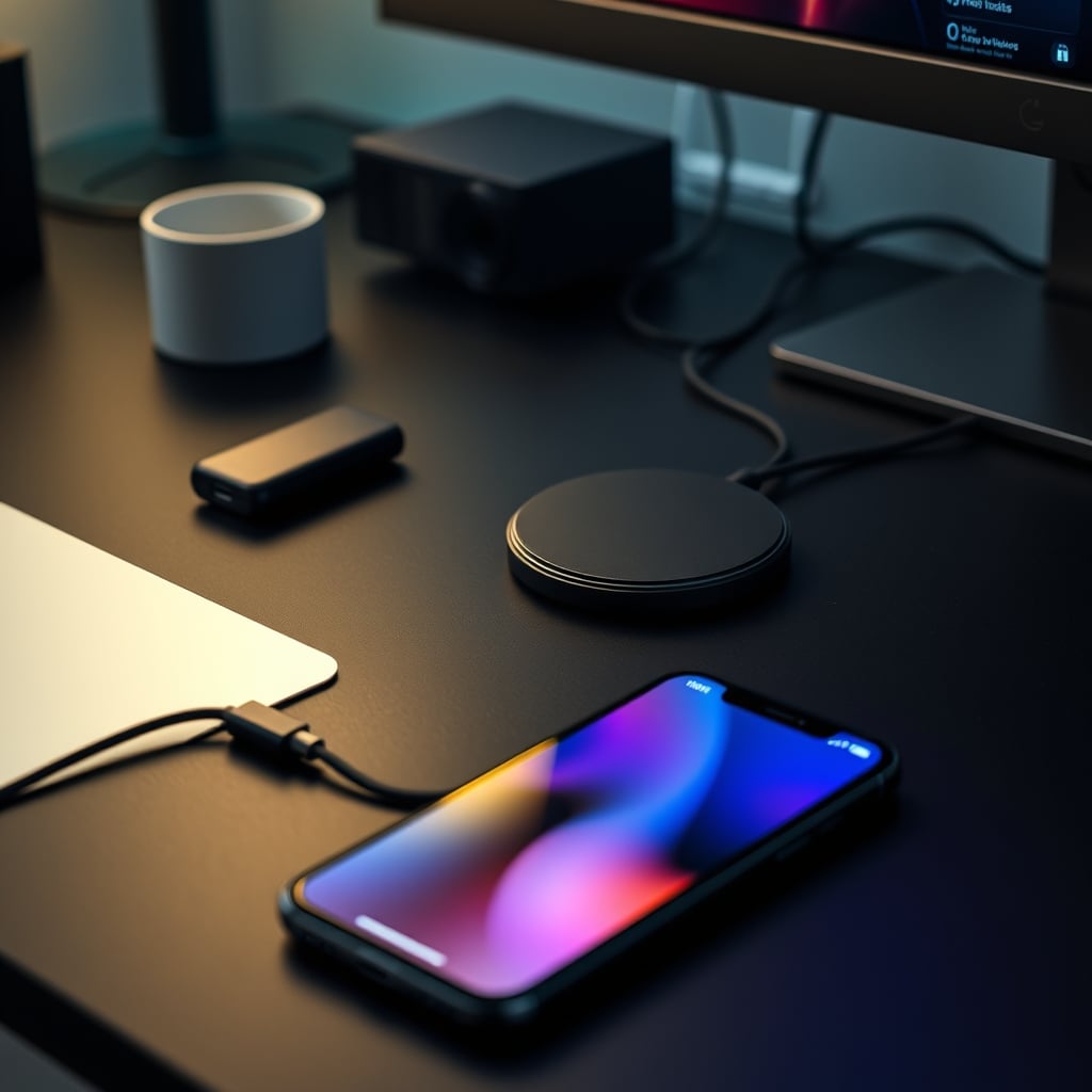 Well-managed USB-C cable charging a phone, emphasizing efficiency over wireless clutter