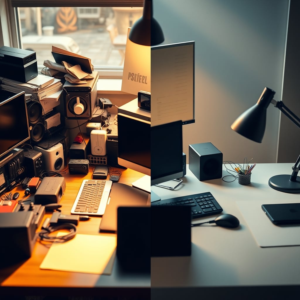 Side-by-side comparison of a cluttered desk with many gadgets and a minimalist, clean desk, highlighting the contrast for deep work environment