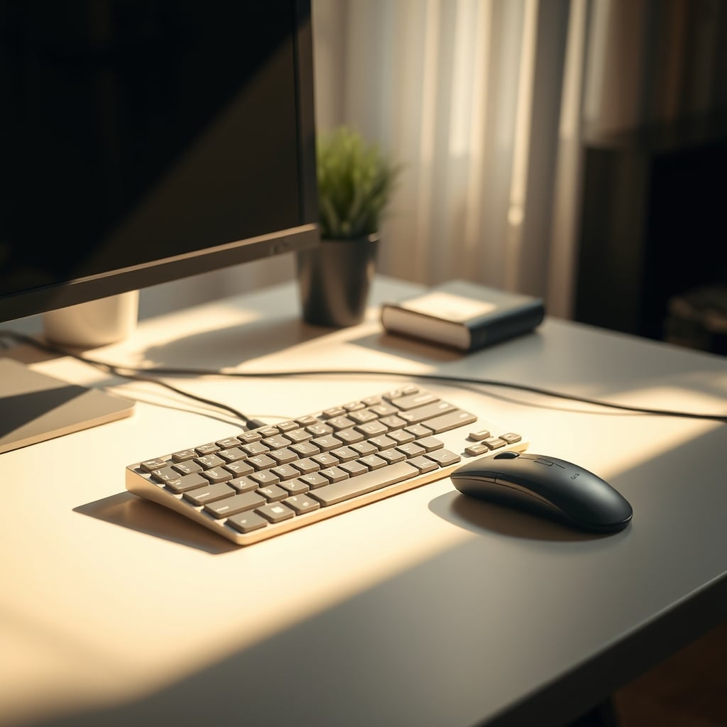 A simple, wired mechanical keyboard and mouse on a pristine, minimalist desk, emphasizing core tools for deep work environment