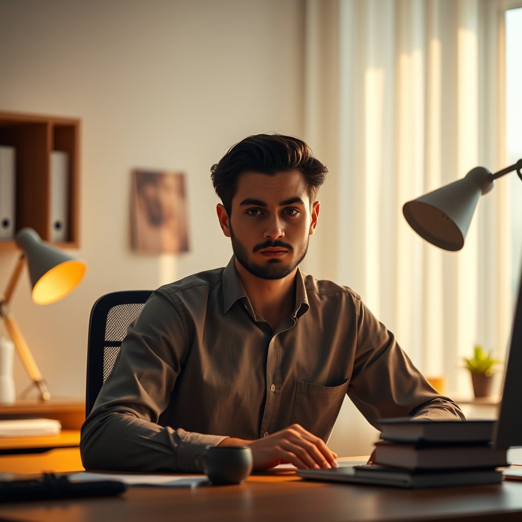 Individual deeply focused at a minimalist desk, no distractions visible, illustrating intense concentration in a deep work environment