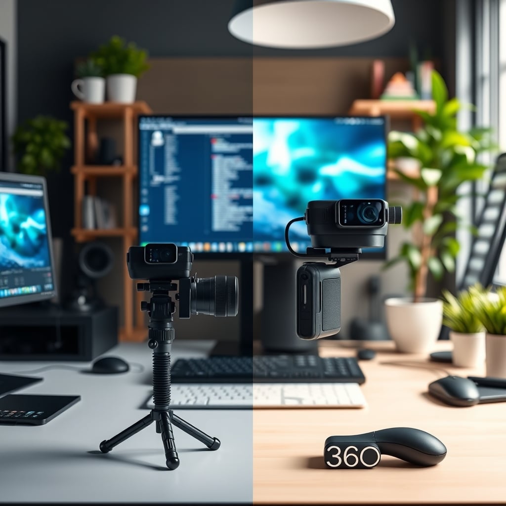 Side-by-side comparison showing a clean shot from a single camera versus a distorted wide view from a 360 camera.