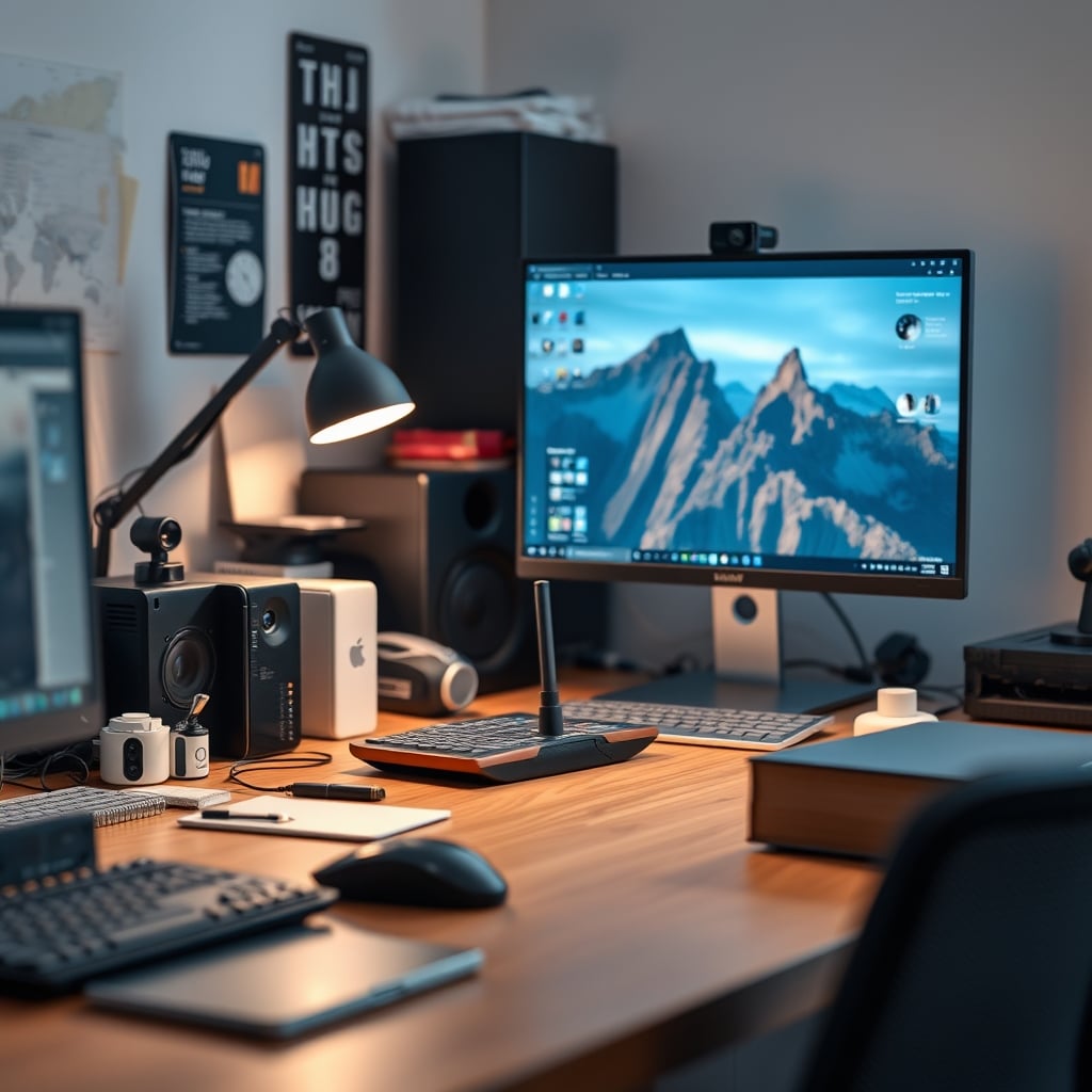 A minimalist creator desk with a forgotten 360 camera pushed to the side, gathering dust.