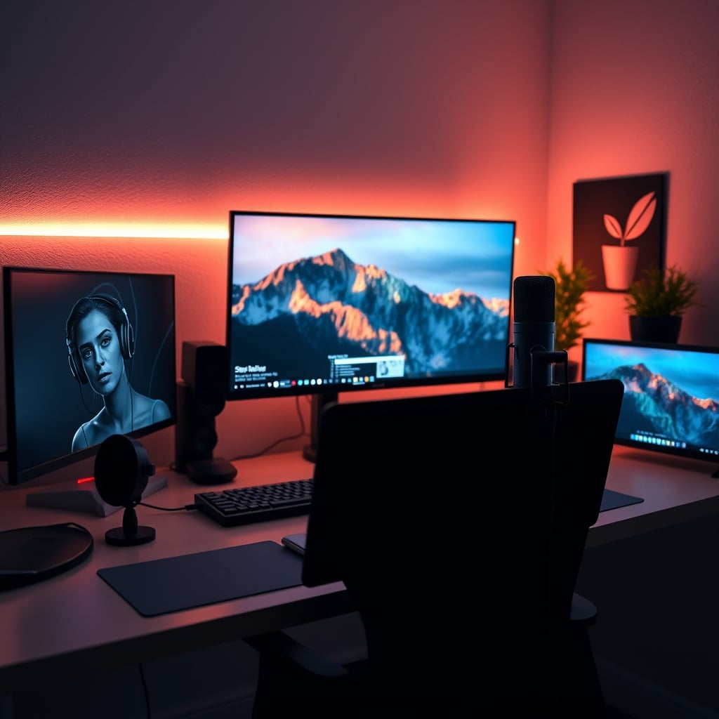 A professional streaming setup featuring a key light, microphone, and standard webcam, with no 360 camera in sight.