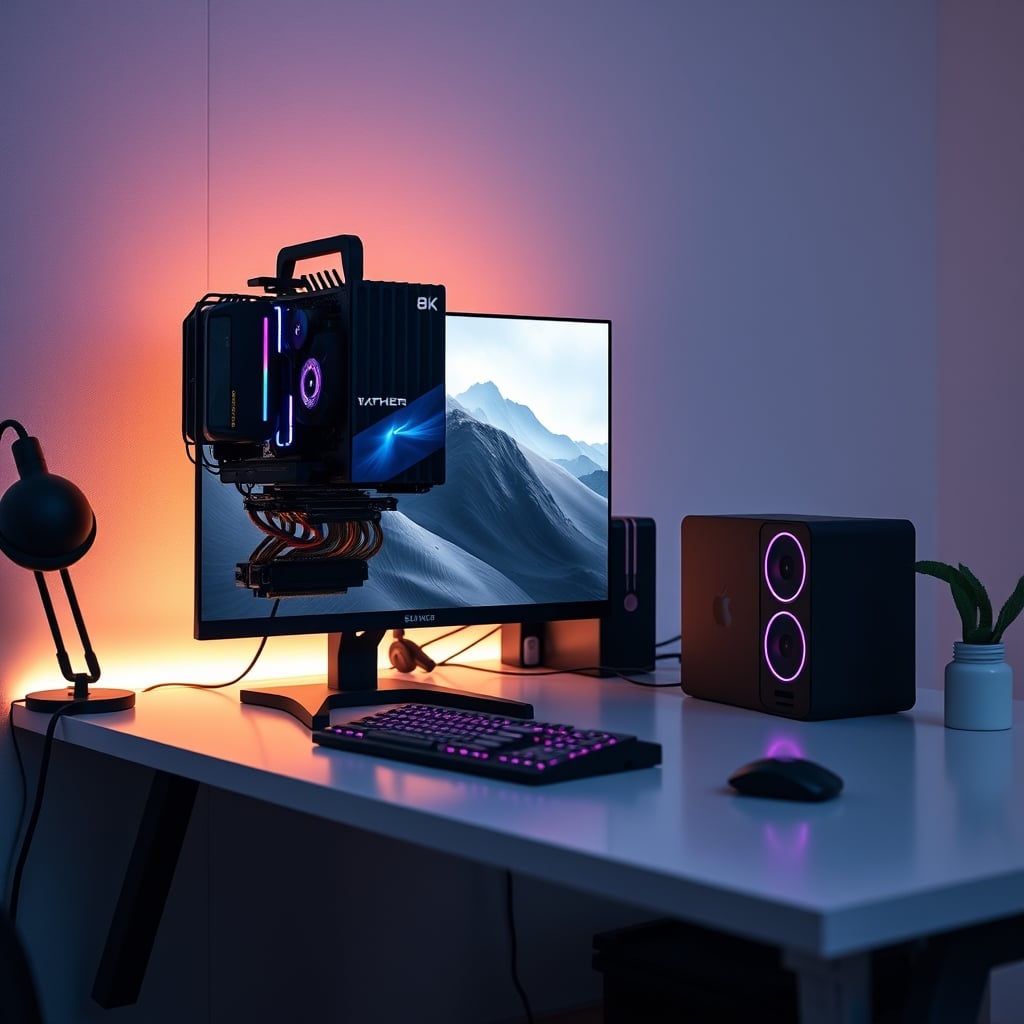 A desk with a massive, expensive GPU and power supply needed to run an 8K monitor