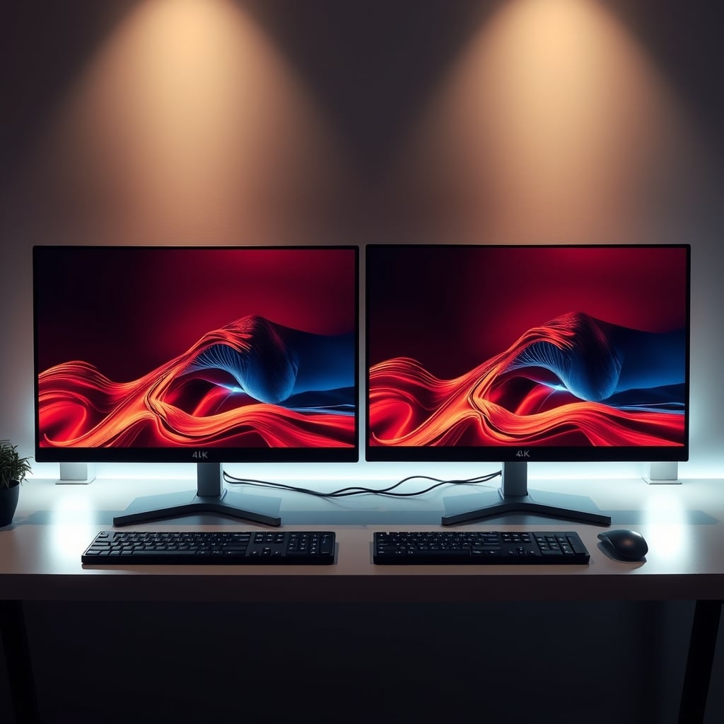 A 4K monitor displaying a crisp, fluid desktop next to an 8K monitor with a blurry, scaled interface