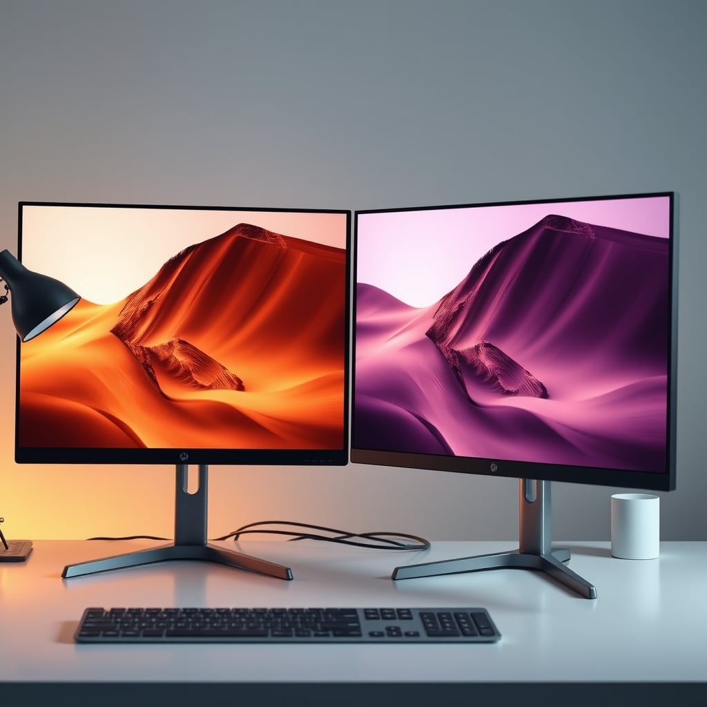 A person at a normal desk viewing distance looking at a 4K and 8K monitor, unable to tell the difference.