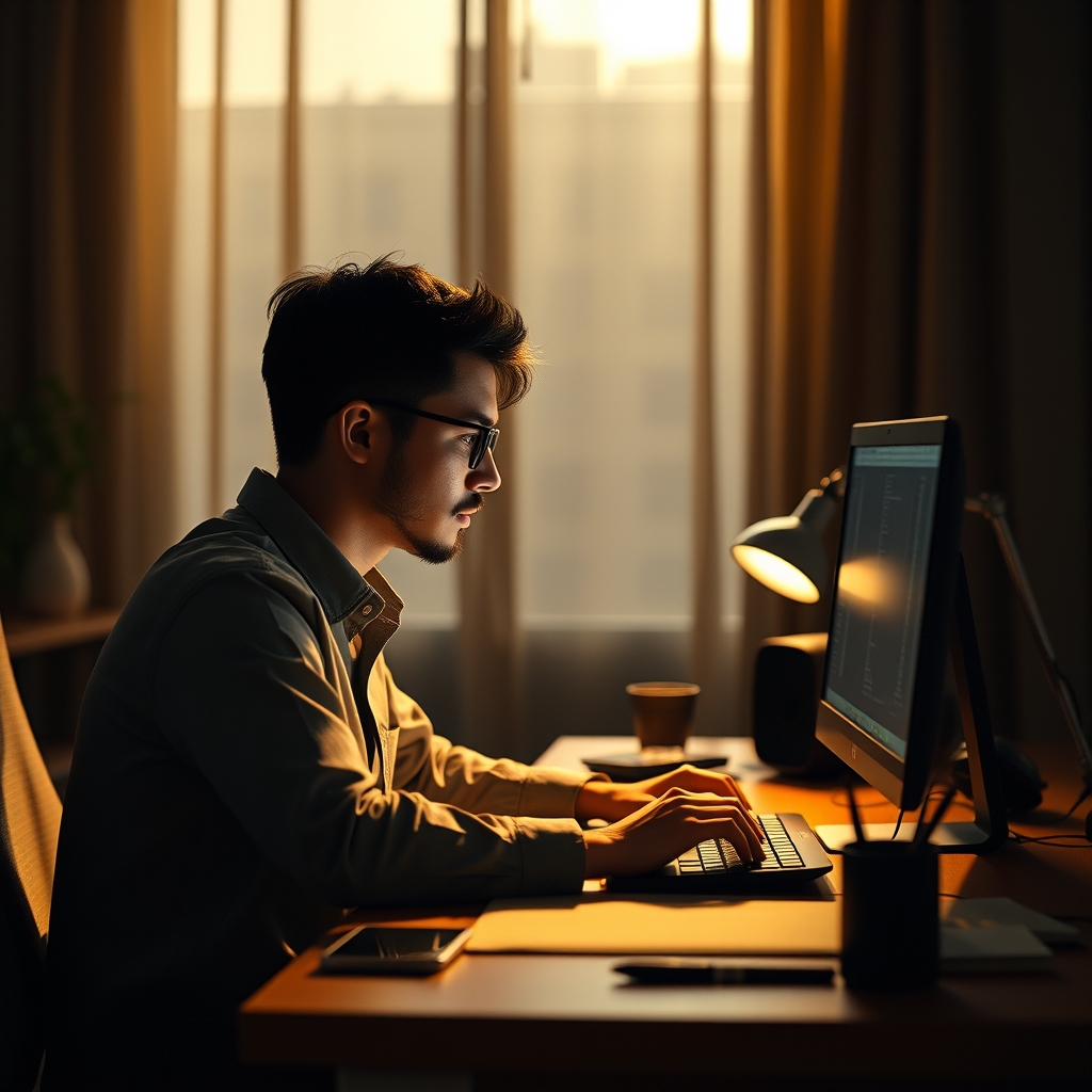 A person in a minimalist desk setup experiencing deep work flow, surrounded by a subtle, ambient hum that aids focus.