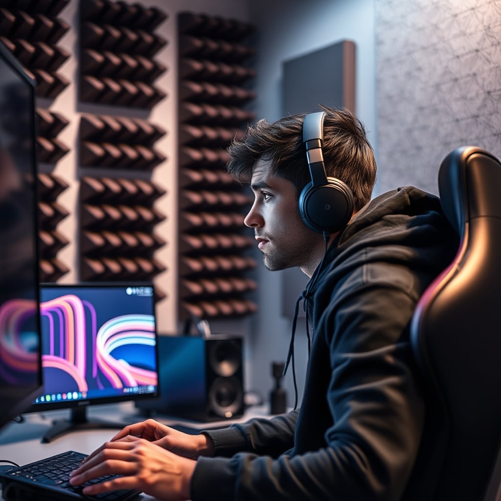 A frustrated content creator looking at minimalist acoustic panels that aren't fixing room echo