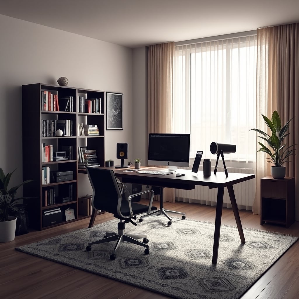 A warm, lived-in home office using a full bookshelf and a thick rug for natural sound control