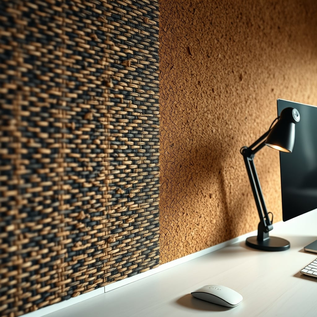 Close-up detail shot showing the textured weave of a wall hanging and the porous surface of cork