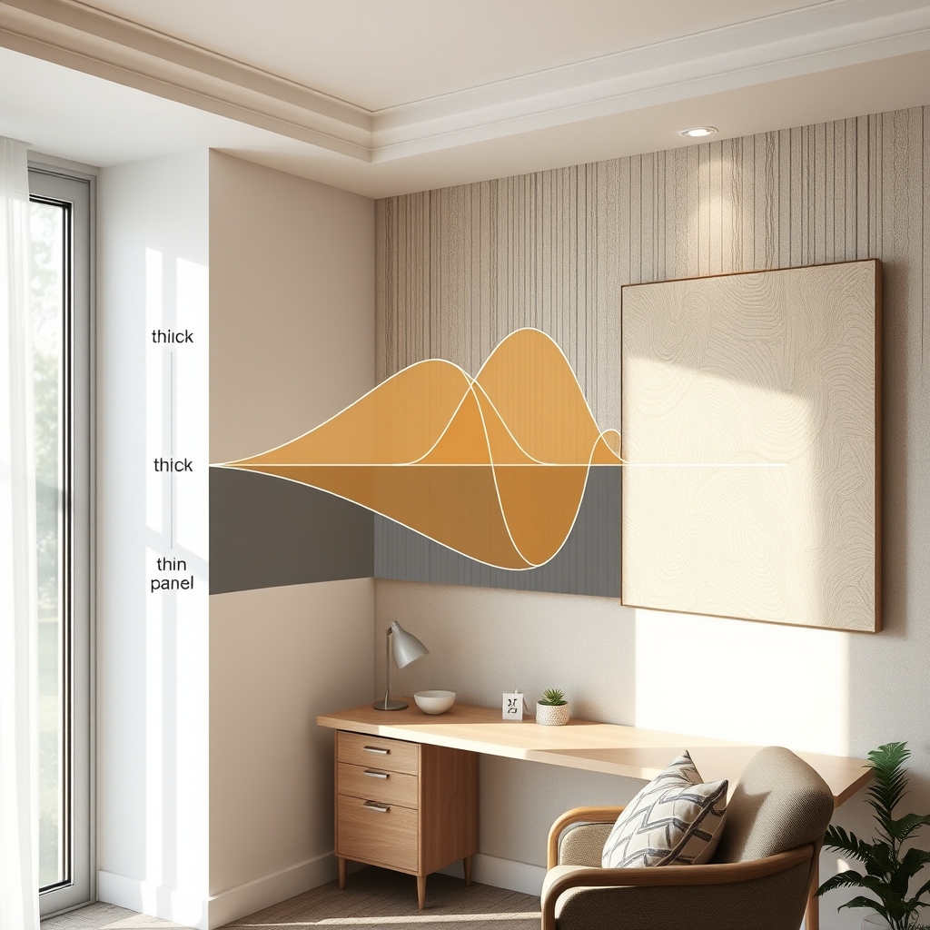 Scientific diagram illustrating sound waves absorbed by a thick, functional acoustic panel versus reflecting off a thin decorative one.