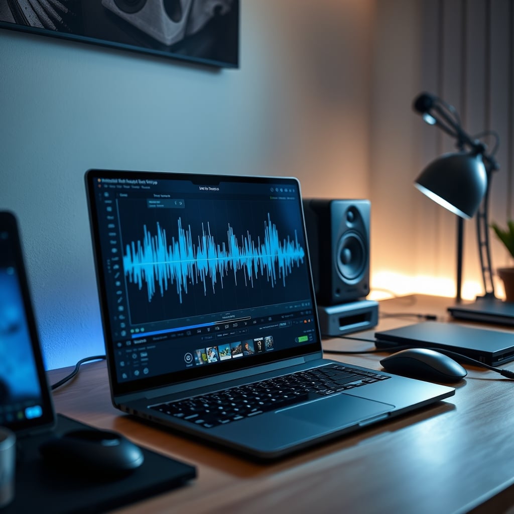 A laptop screen showing audio software with two waveforms: one long reverb tail untreated, and one short, clean tail after proper treatment.