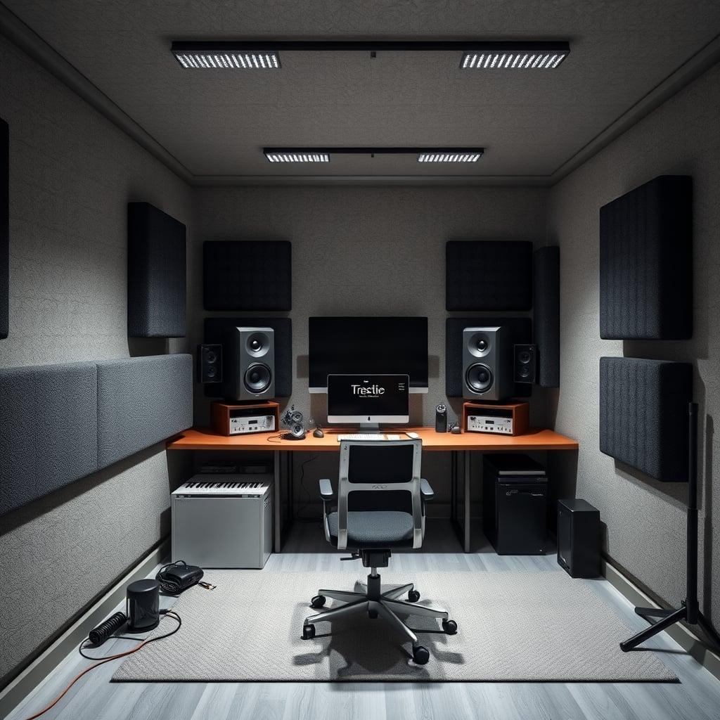 A functional home studio with thick, unglamorous mineral wool bass traps and plain fabric-wrapped fiberglass panels on the walls.