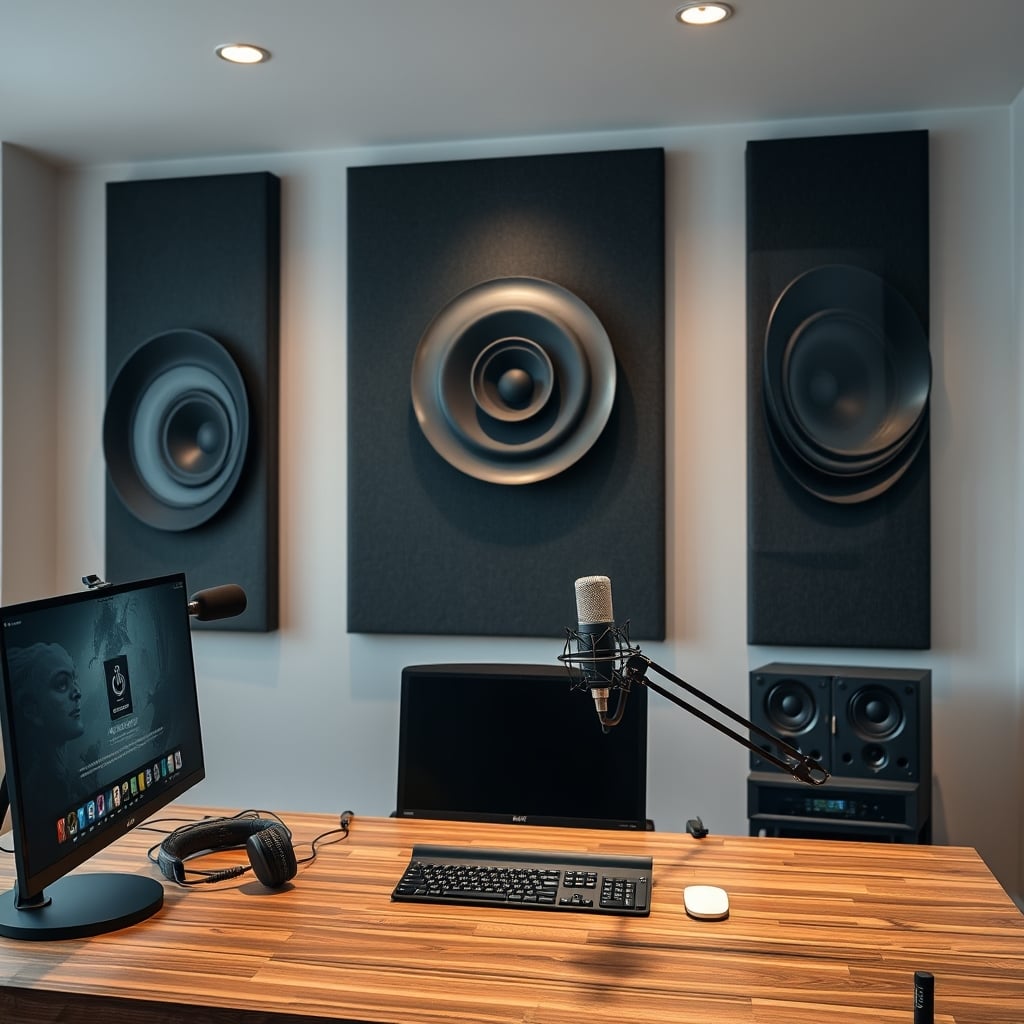 A stylish desk setup with geometric acoustic panels on the wall, yet the microphone indicator shows poor room sound.