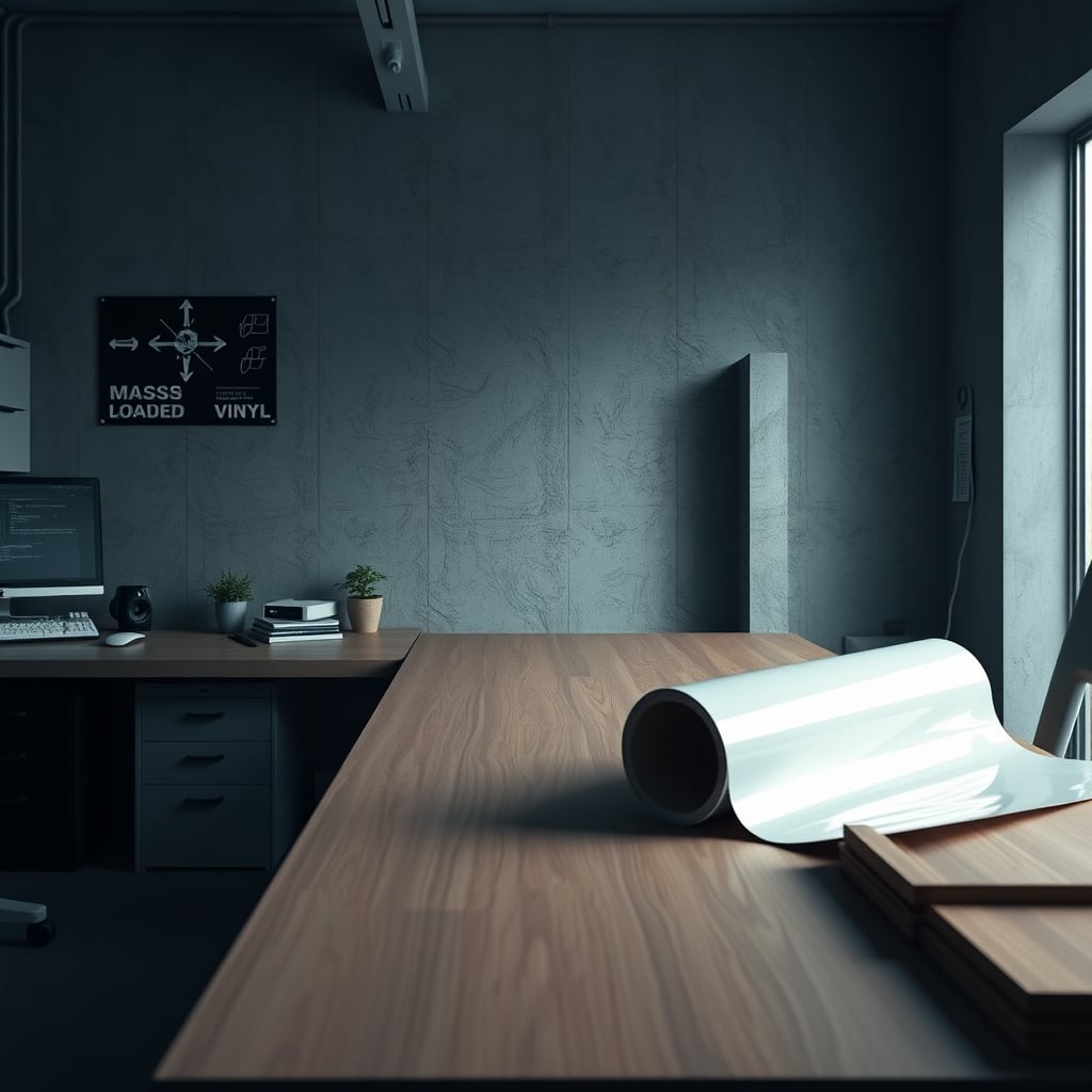 A heavy, black Mass Loaded Vinyl (MLV) sheet laid out next to a bare drywall frame.