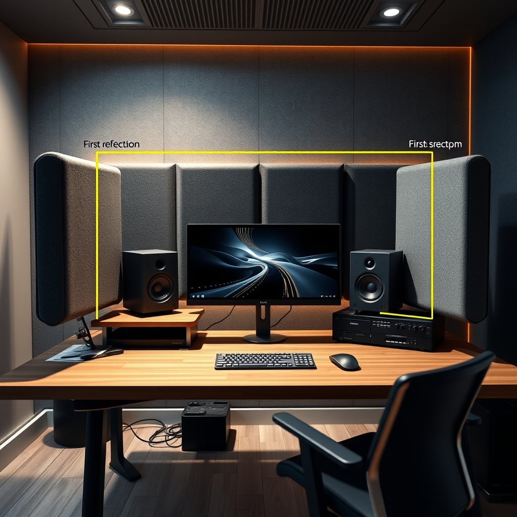 Diagram showing correct acoustic panel placement at first reflection points and corners, not symmetrical decoration.