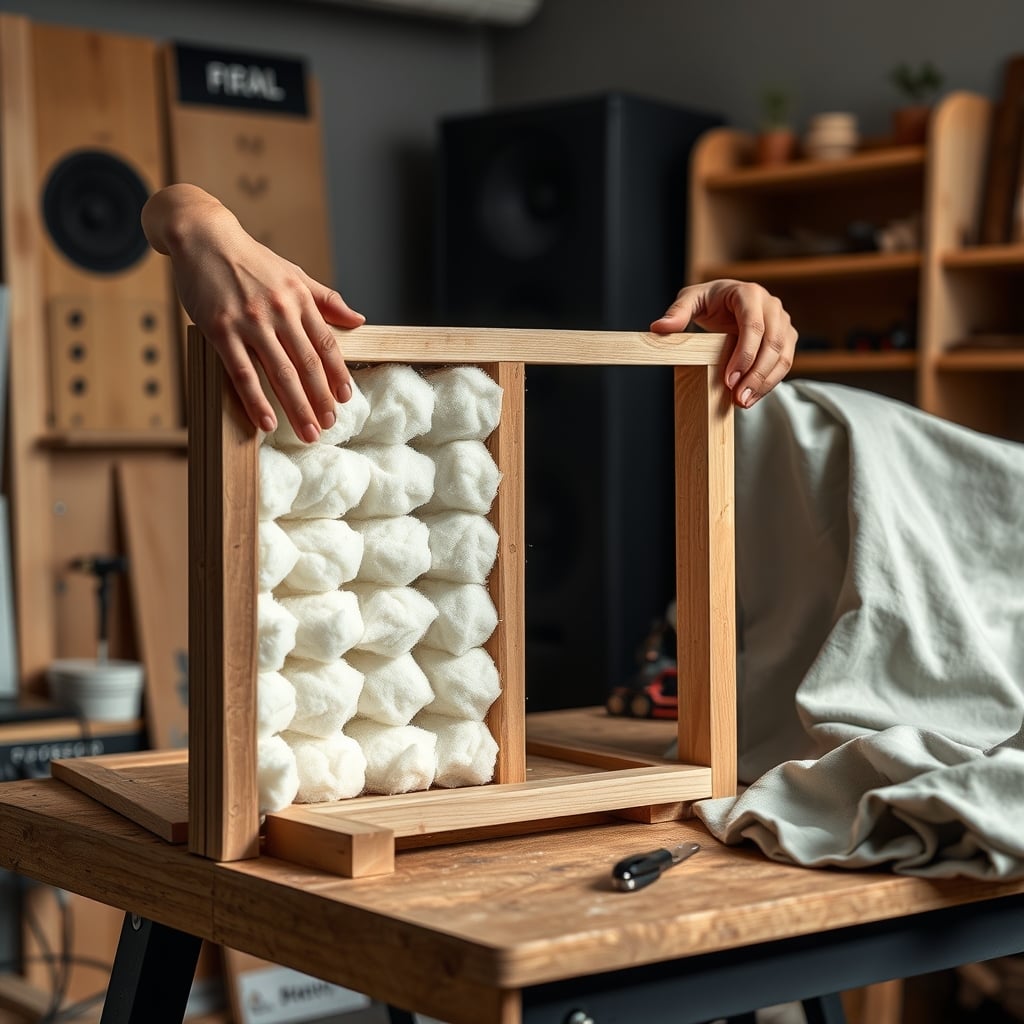 A person building a proper acoustic panel with a wooden frame and thick insulation.
