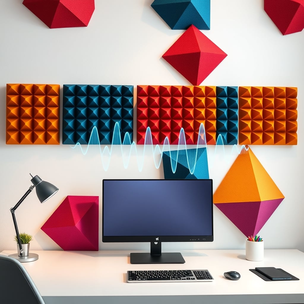 Colorful acoustic foam panels on a wall with a sound wave graphic showing little actual absorption.