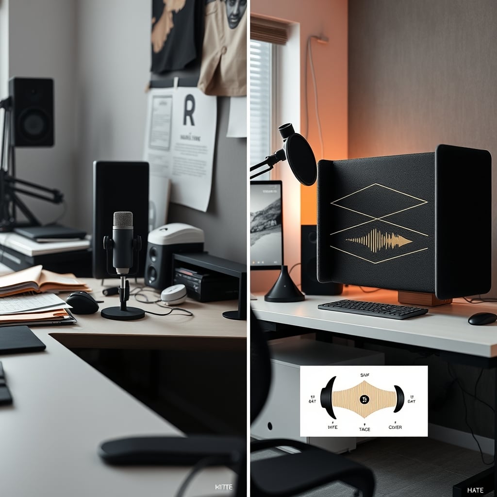 Diagram comparing sound reflections from a bare desk versus a desk with an isolation shield.