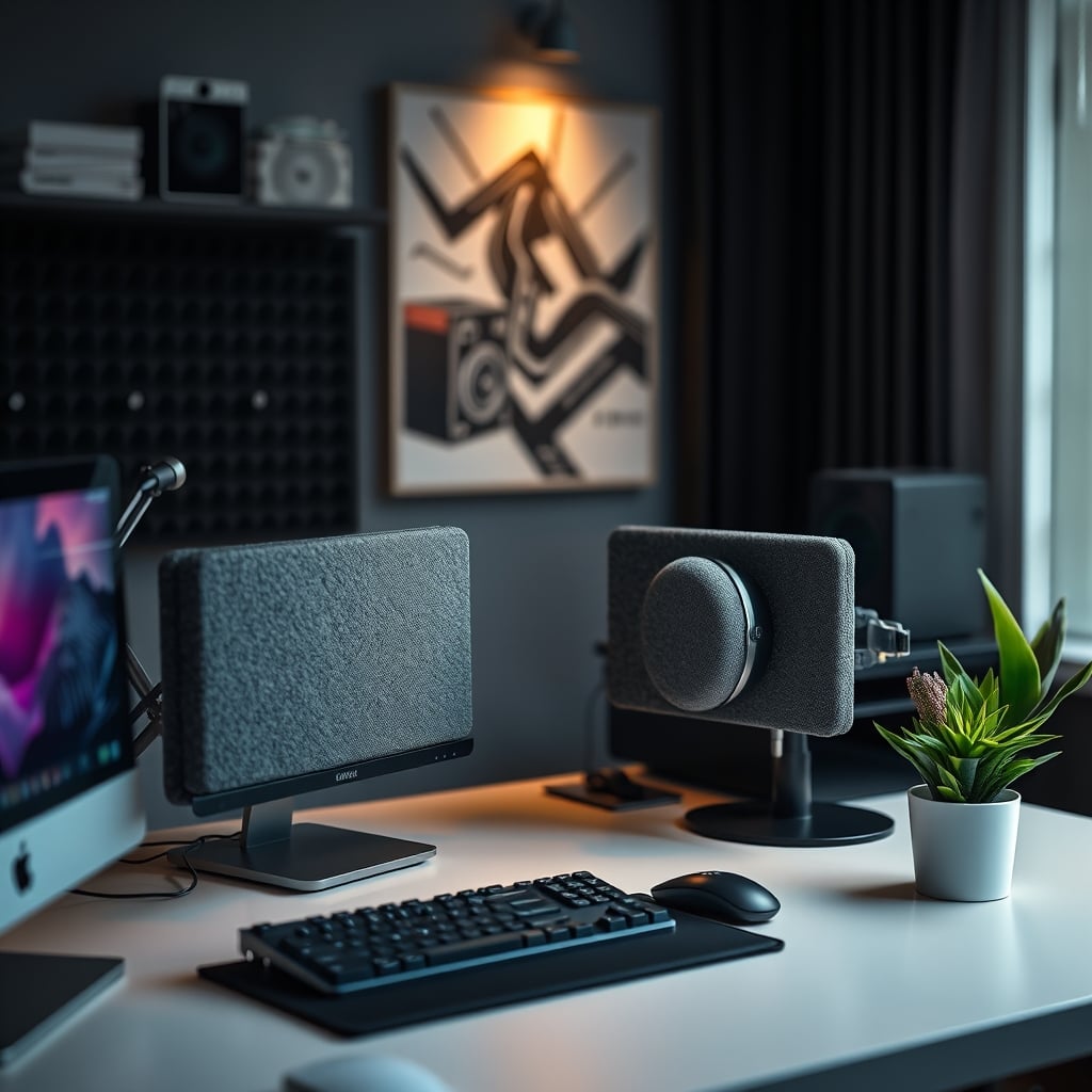 A desk setup showing foam placed correctly on side walls and ceiling above the monitor.