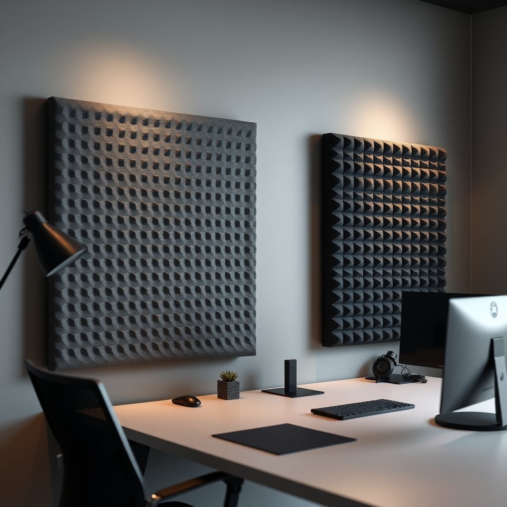 Comparison showing a thin, expensive fabric acoustic panel next to thick, ugly black acoustic foam.