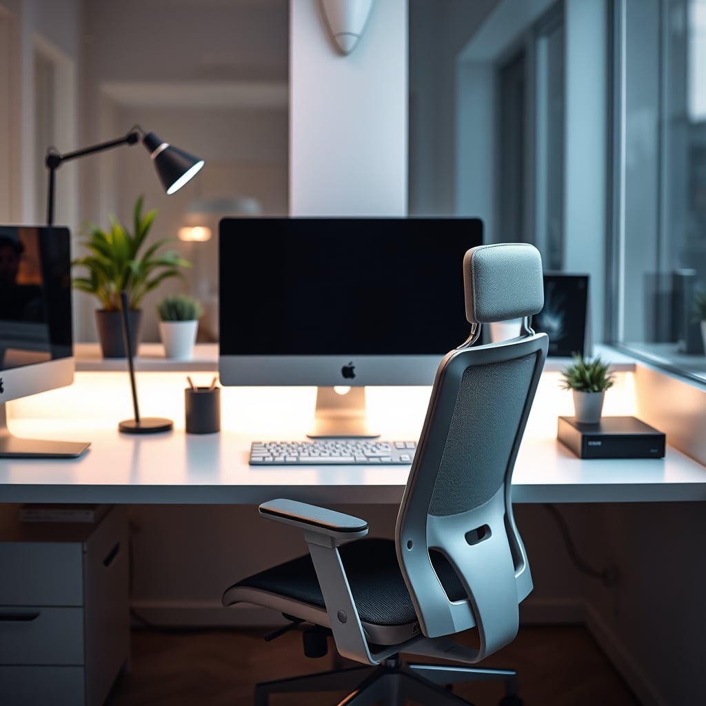 A simple, high-quality ergonomic office chair at a clean, minimalist desk.