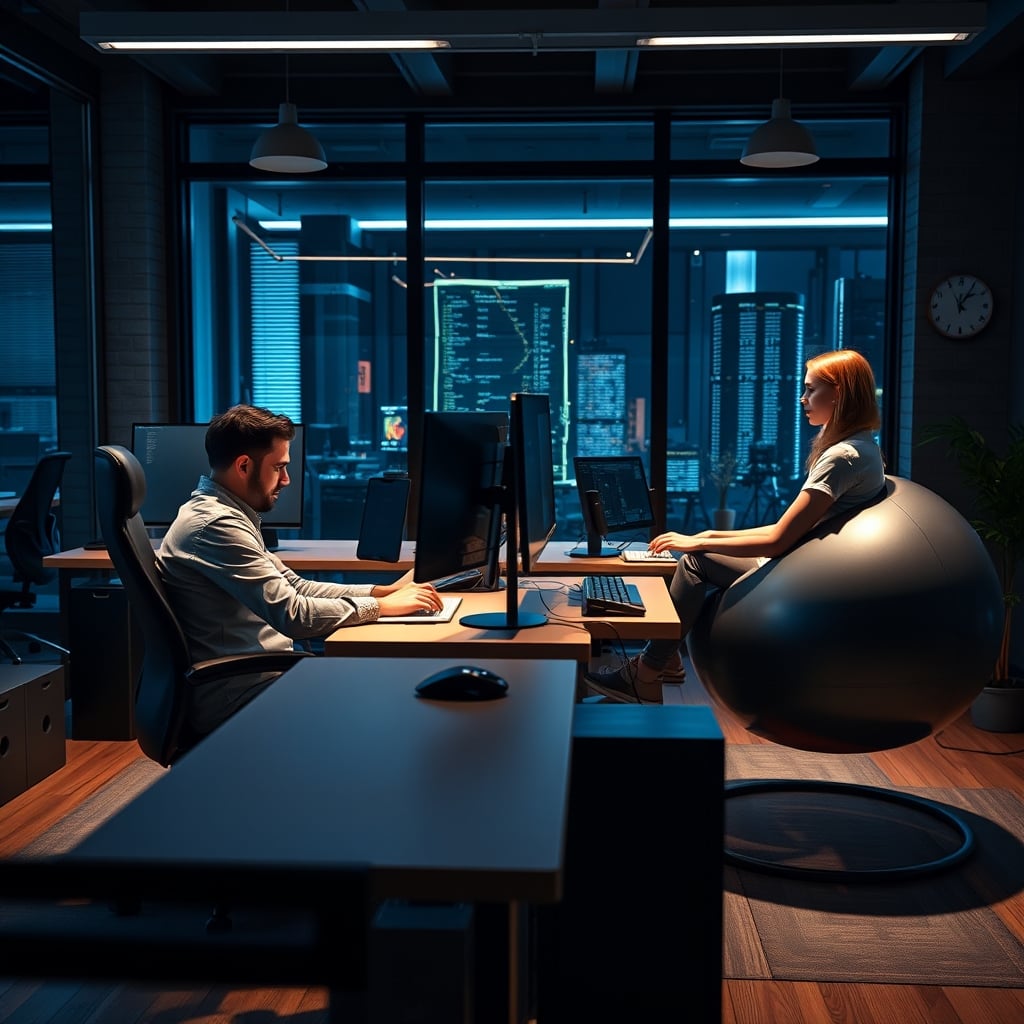 Comparison: a person slouching in a traditional chair vs a person tensely bracing on a yoga ball at a desk.