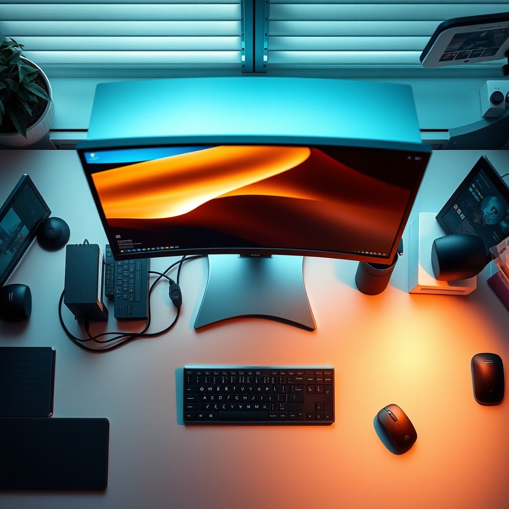 A birds-eye view showing perfect monitor distance and keyboard placement