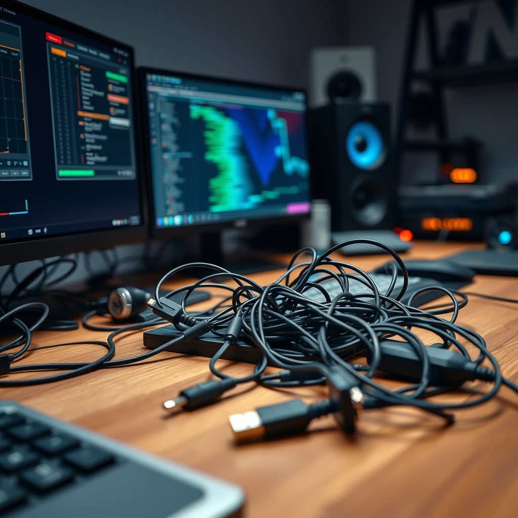 A messy editing workstation highlighting a central USB hub with a tangled nest of cables