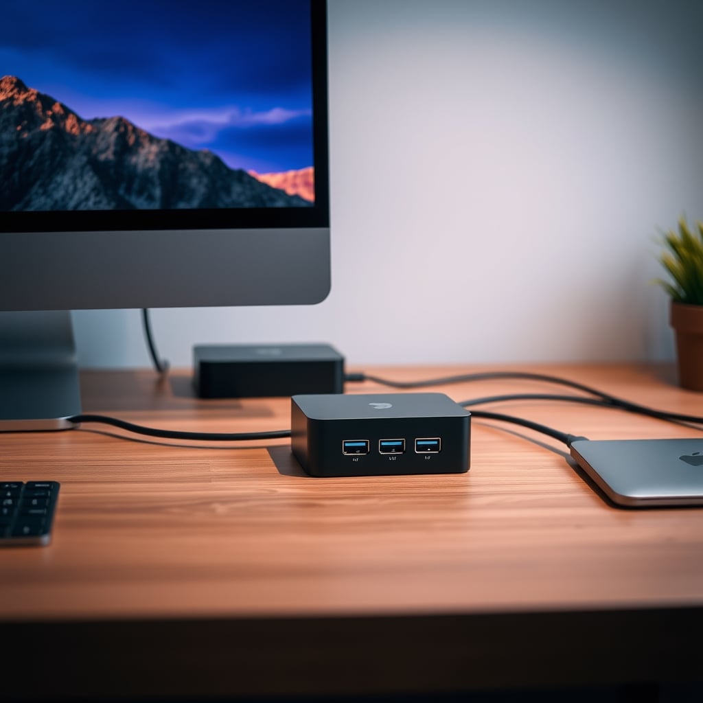 A clean editing desk setup showing a laptop connected to both a Thunderbolt dock and a separate, smaller USB hub