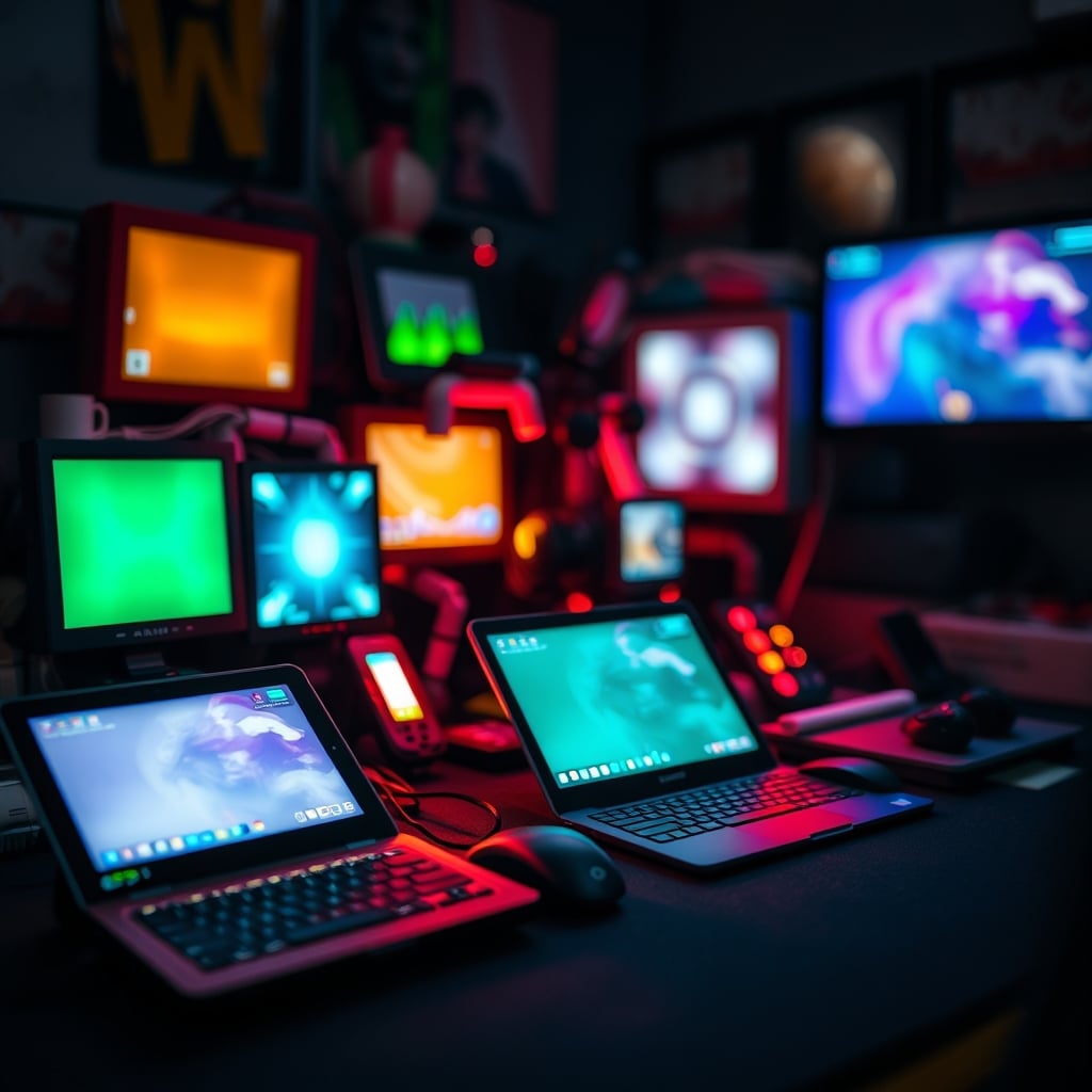 A messy desk setup with Philips Hue, Nanoleaf, and Govee lights all showing different, clashing colors, demonstrating failed adaptive lighting harmony.