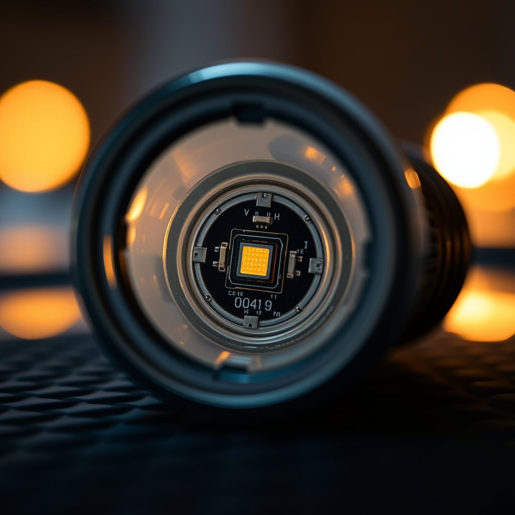 Extreme close-up of a cheap, tiny ambient light sensor chip on a green PCB inside a disassembled smart bulb.