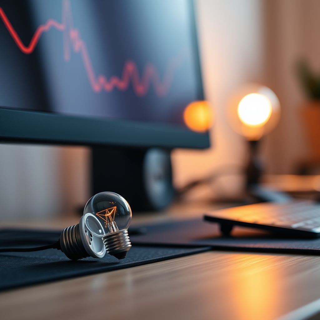 A Philips Hue bulb on a desk, casting an awkward warm light that clashes with the cool monitor screen.