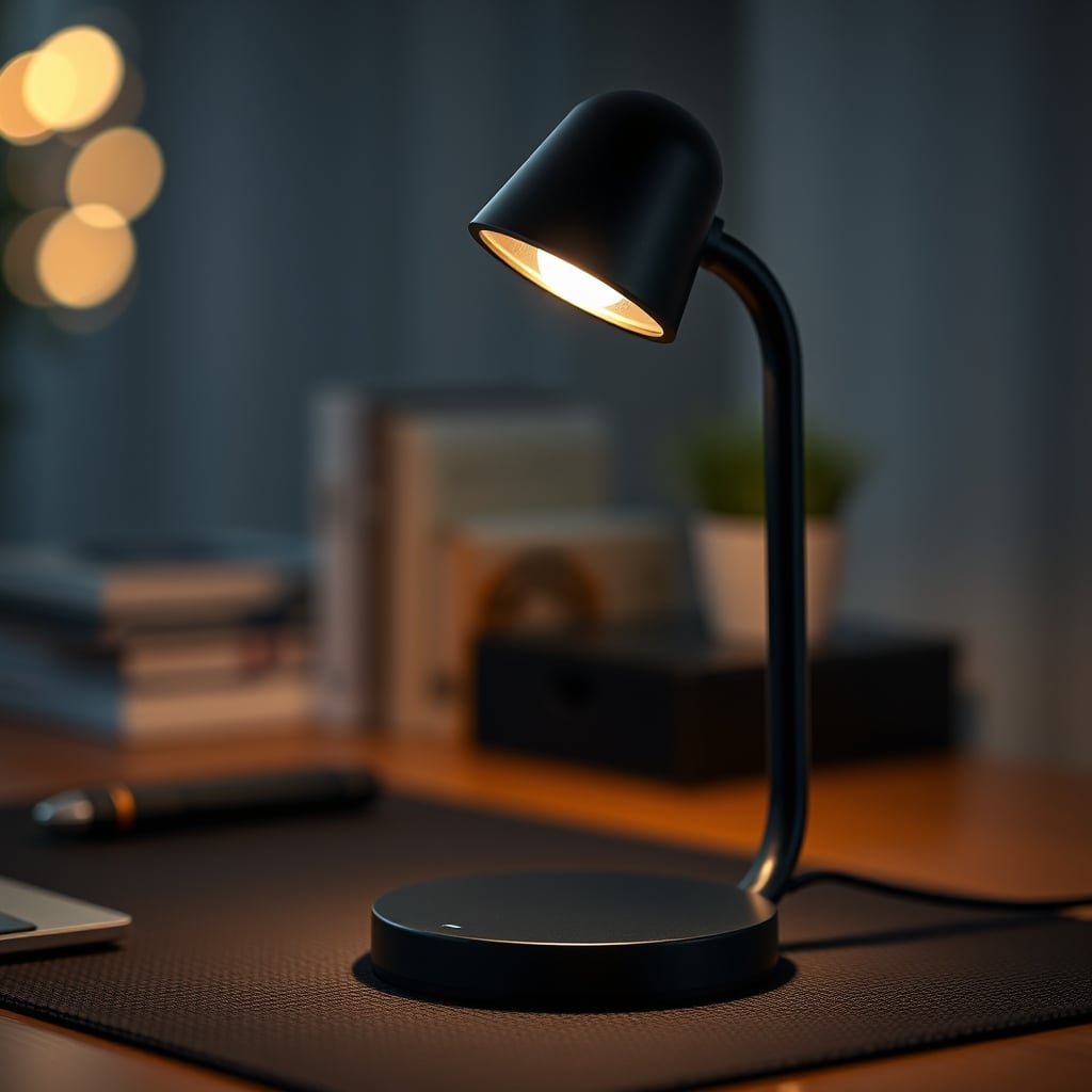 A sleek, minimalist black LED desk lamp with a single dial for brightness and color temperature.