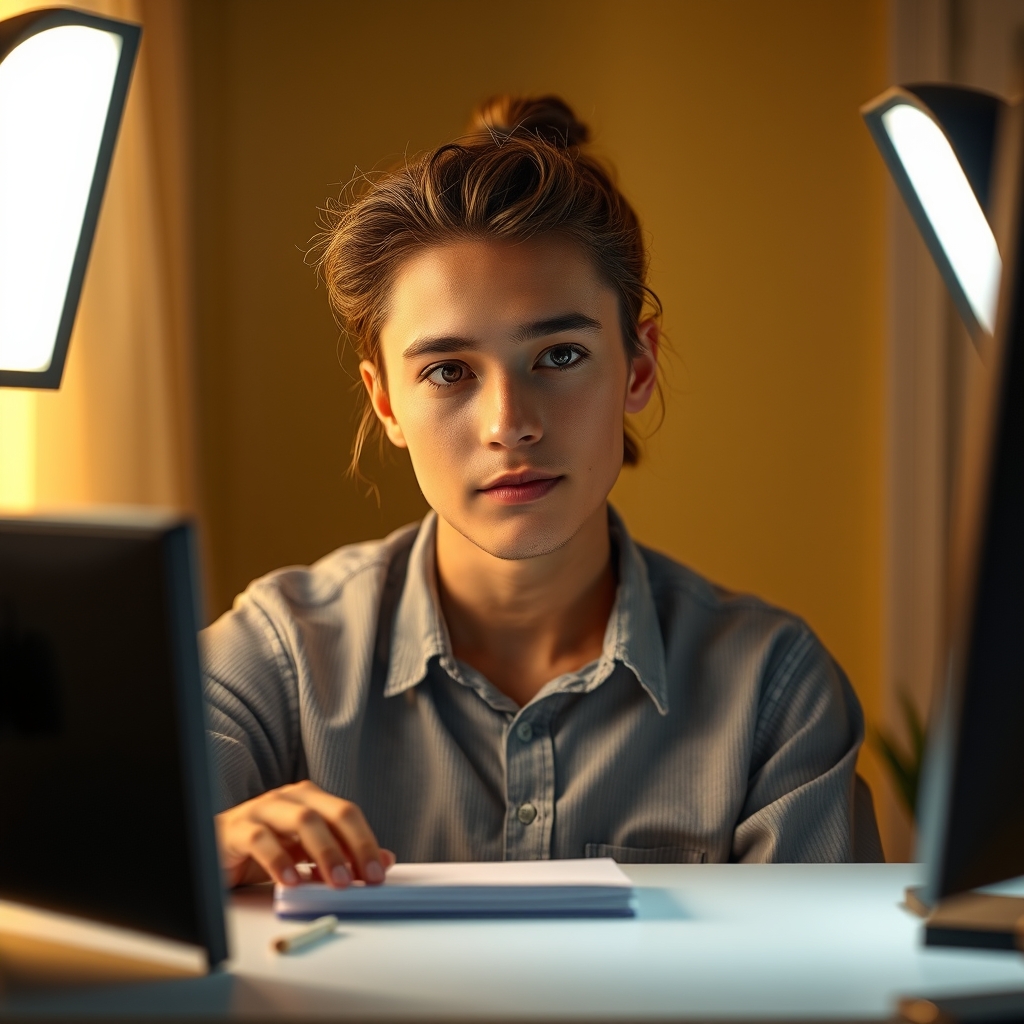 A professional streamer's face illuminated by a key light and fill light, demonstrating optimal face-lighting angles for depth.