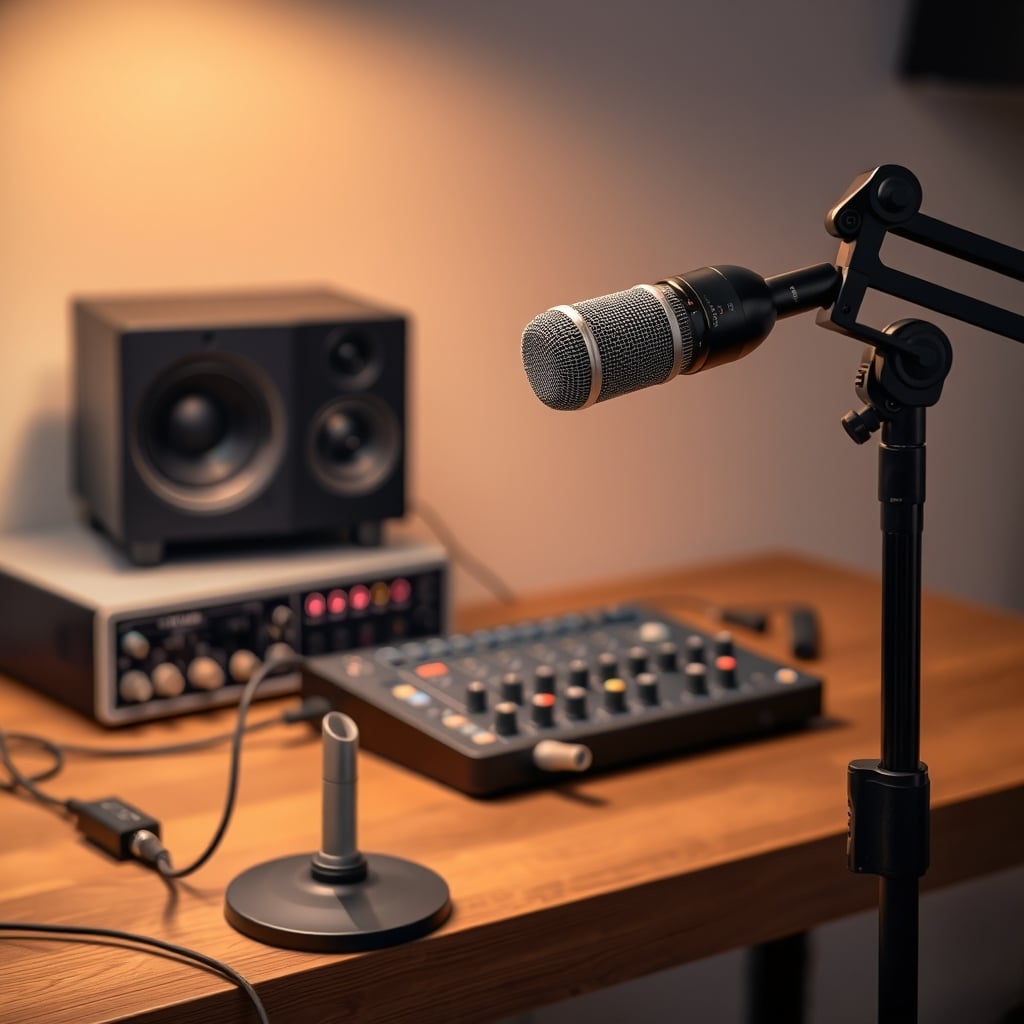 A classic Shure SM58 XLR microphone and a Focusrite audio interface on a wooden desk, clean setup.