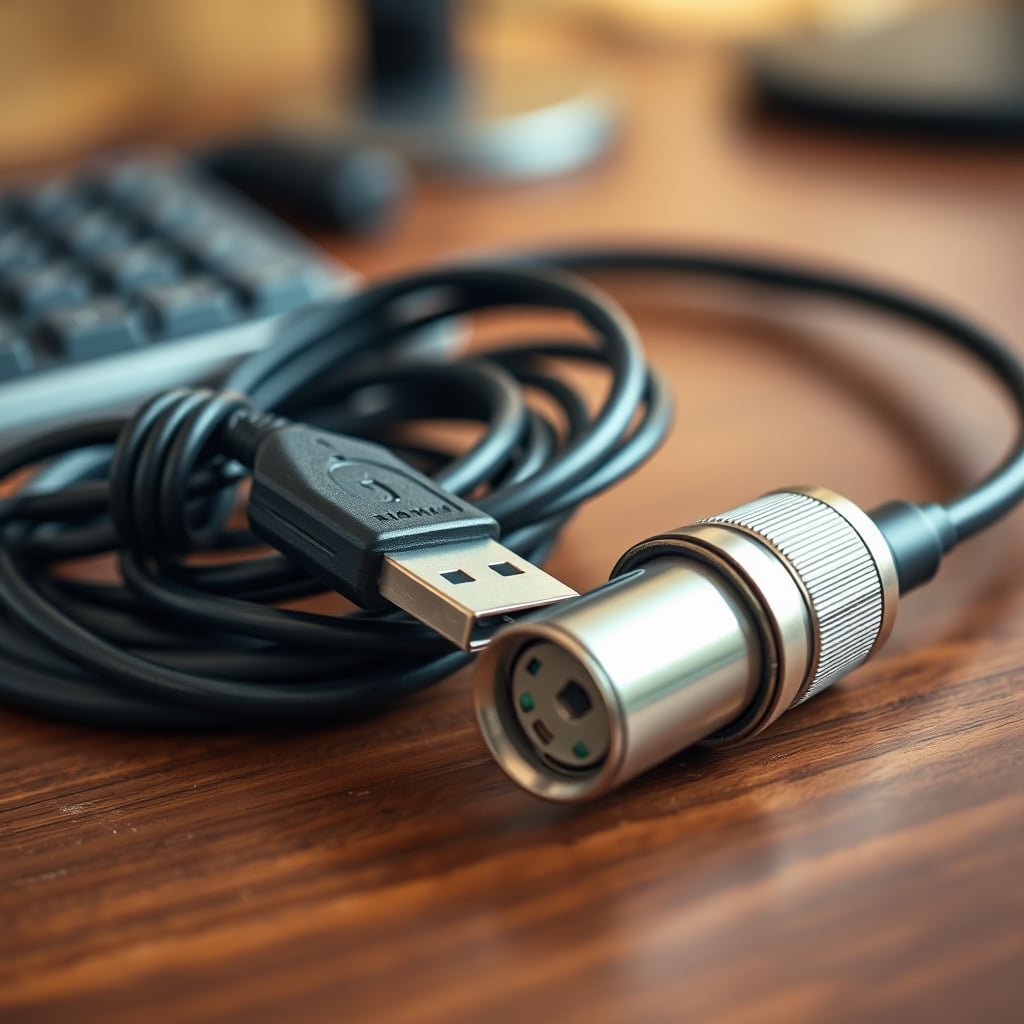 Comparison of a thin, tangled USB cable versus a thick, robust XLR cable with Neutrik connectors.