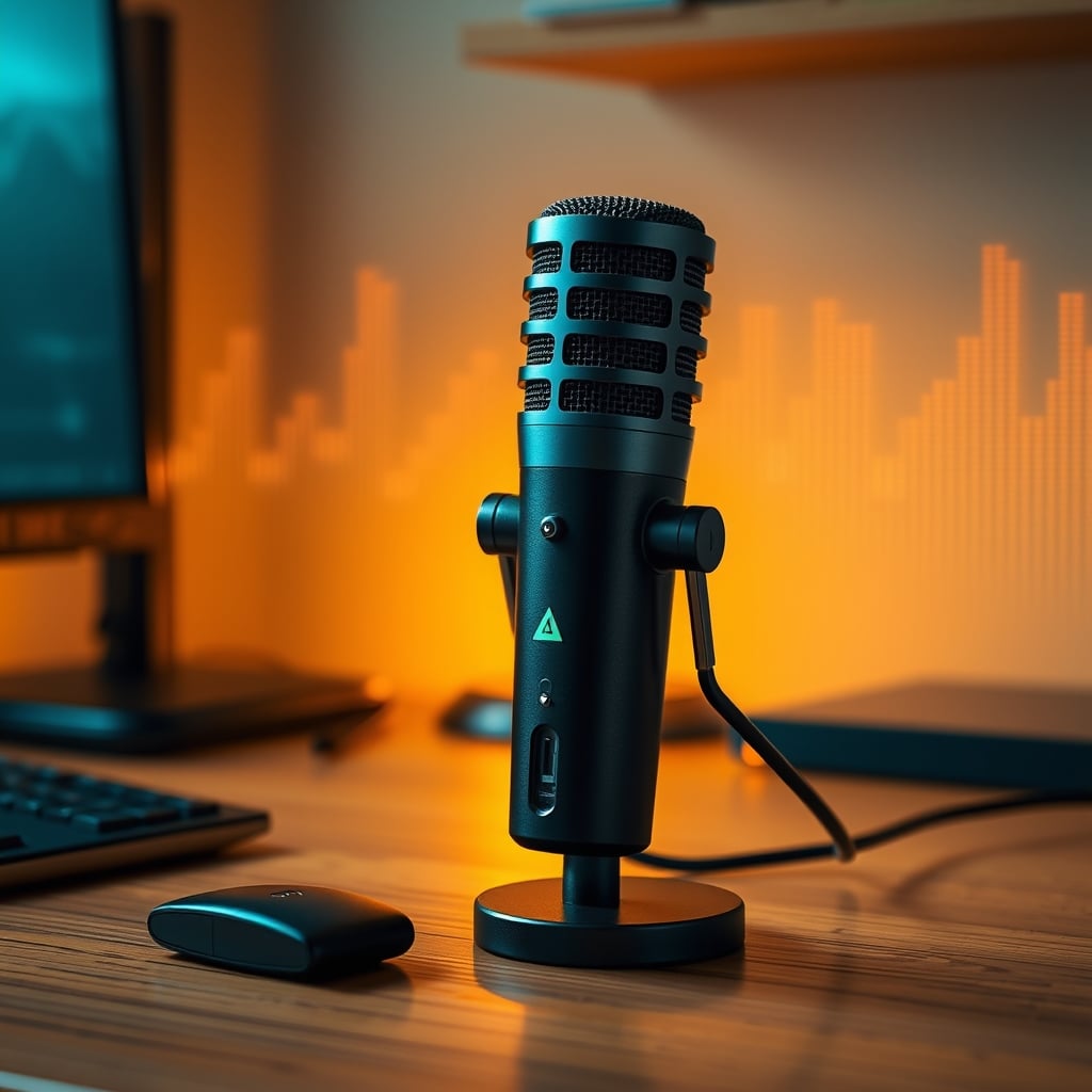 A modern AI USB microphone emitting distorted, glitchy sound waves, representing processing artifacts.