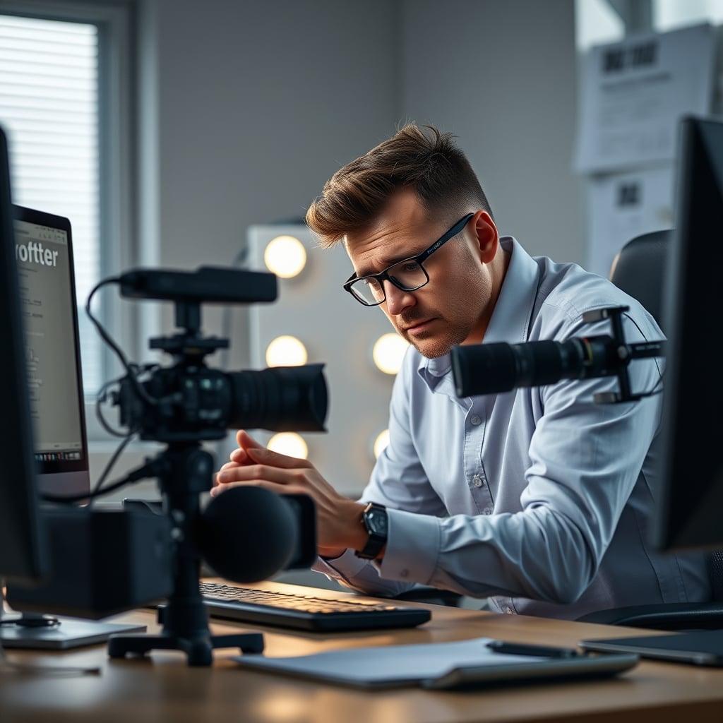 A creator looking frustrated, comparing a slick AI webcam to a traditional cinema camera on a desk.