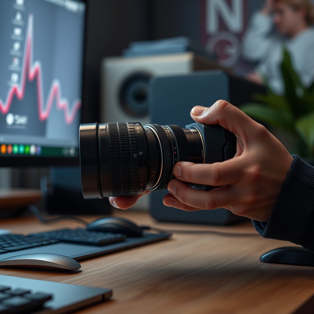A pair of hands precisely adjusting the focus and aperture rings on a high-end camera lens.