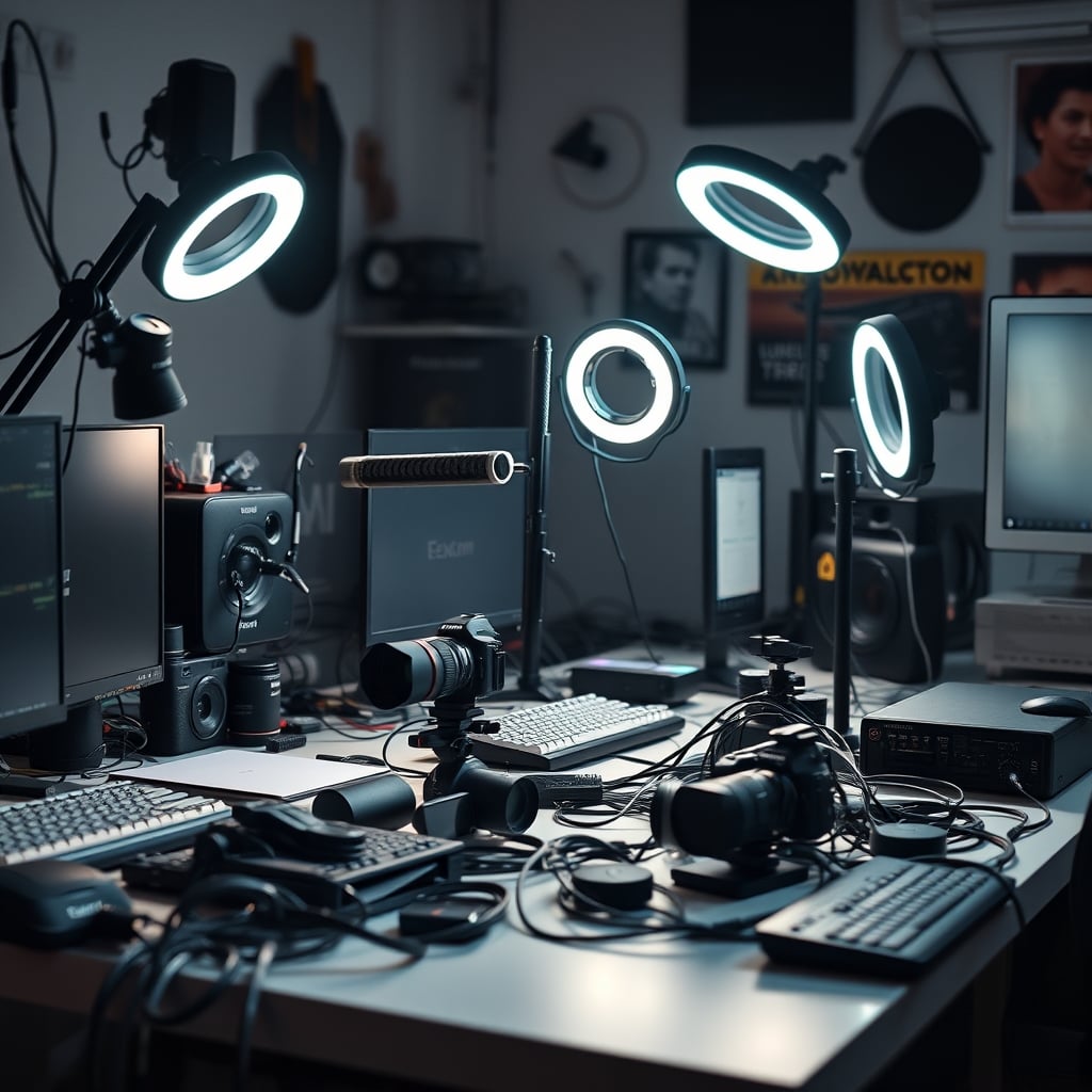 A messy desk overloaded with gear, symbolizing complexity over skill.