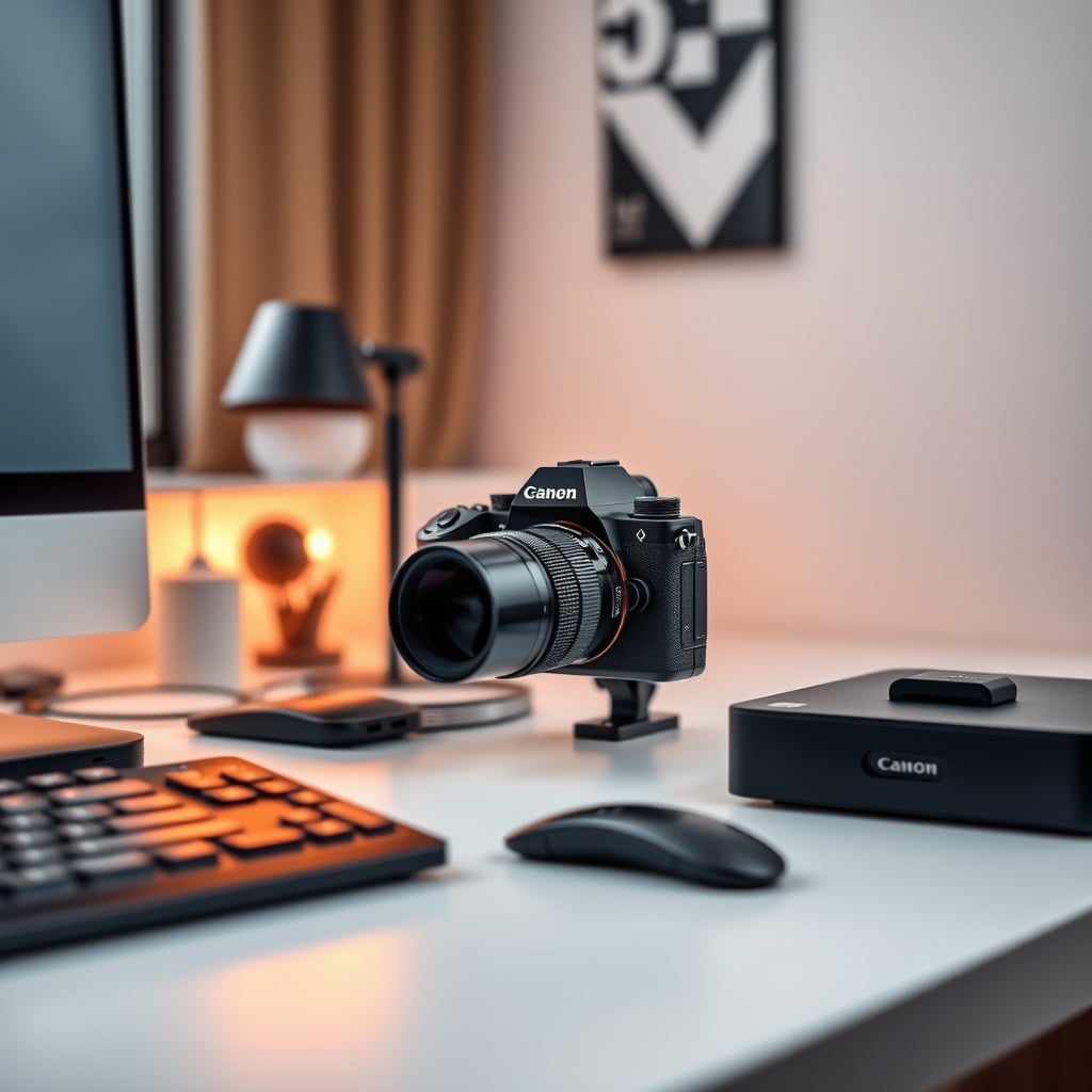 A clean, minimal desk with a single mirrorless camera and a prime lens, good lighting.