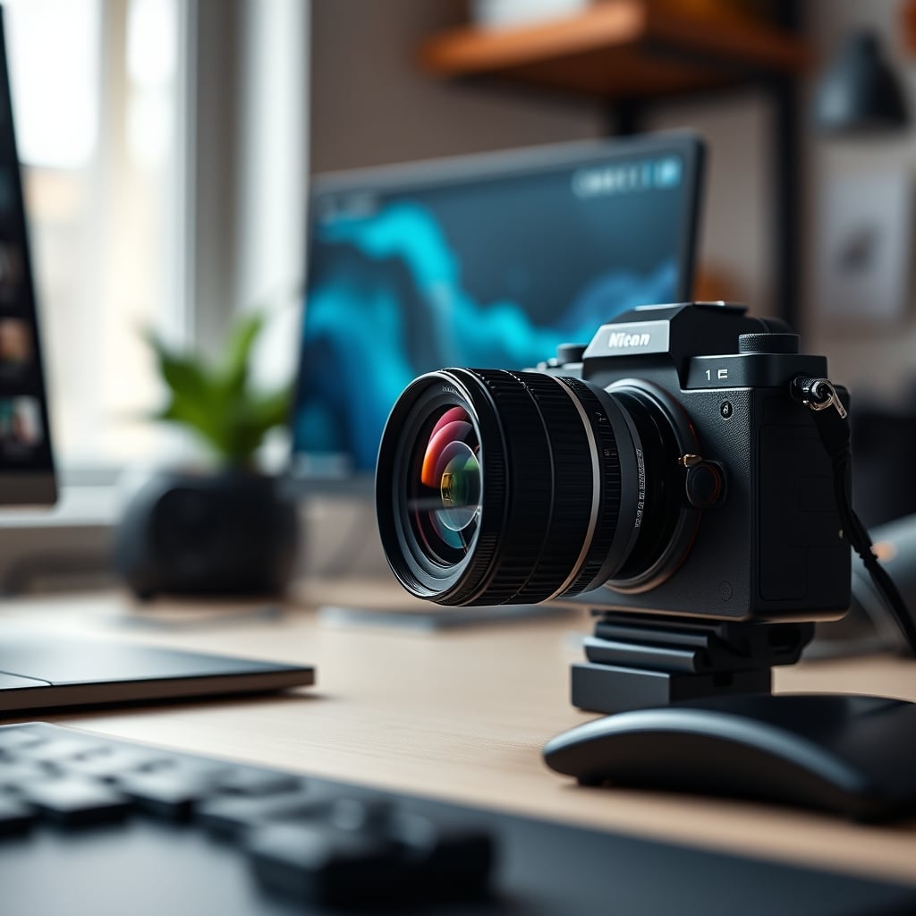 A manual prime cine lens attached to a mirrorless camera on a desk streaming setup.