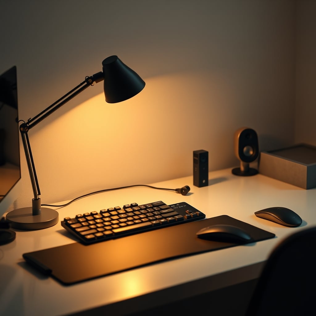 A clean, minimalist desk with a simple lamp, a mechanical keyboard, and no visible smart gadgets.