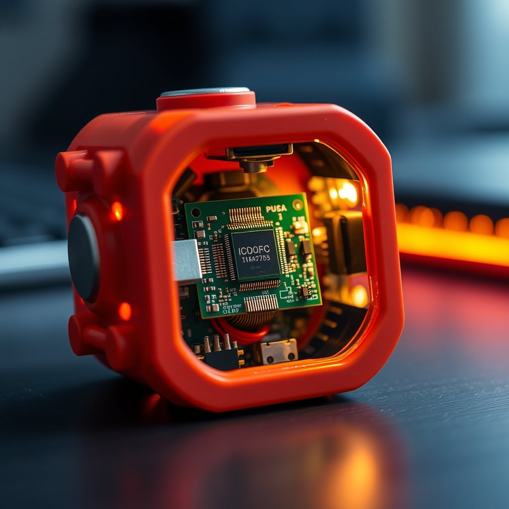 A macro photo of a microchip and circuit board hidden inside the shell of a seemingly simple fidget toy.